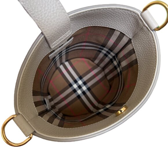 Burberry Small Grainy Leather Bucket Bag Limestone, house check strap - Picture 3 of 15